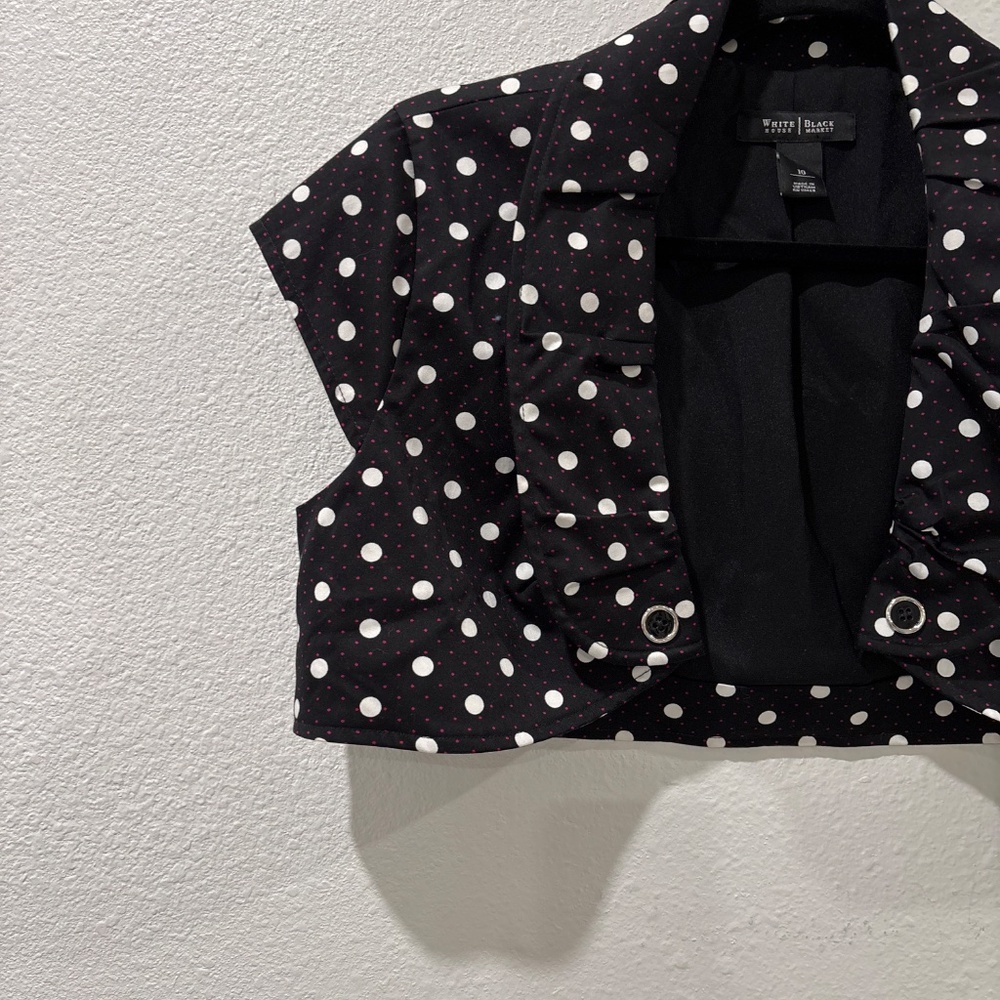 White House Black Market Black Polka Dot Bolero Cap Sleeve Capri Jacket Size 10 - Picture 3 of 8